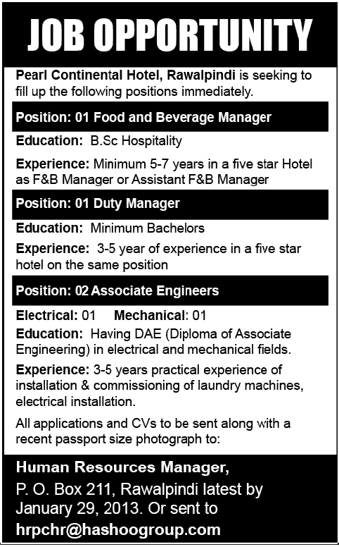 Pearl Continental Hotel, Rawalpindi Jobs for Managers & Associate Engineers
