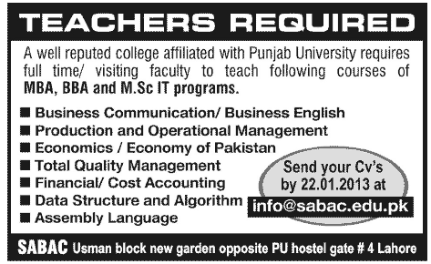 SABAC Jobs 2013 for Faculty (School of Advance Business & Commerce)