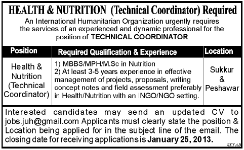 Health & Nutrition (Technical Coordinator) Job in an International Humanitarian Organization