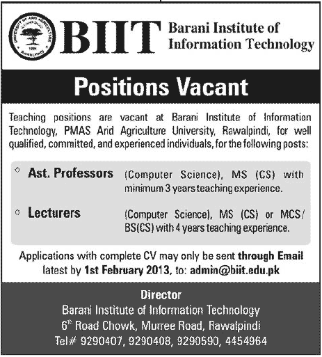 Barani Institute of Information Technology Rawalpindi Jobs 2013 Faculty (Assistant Professors & Lecturers)