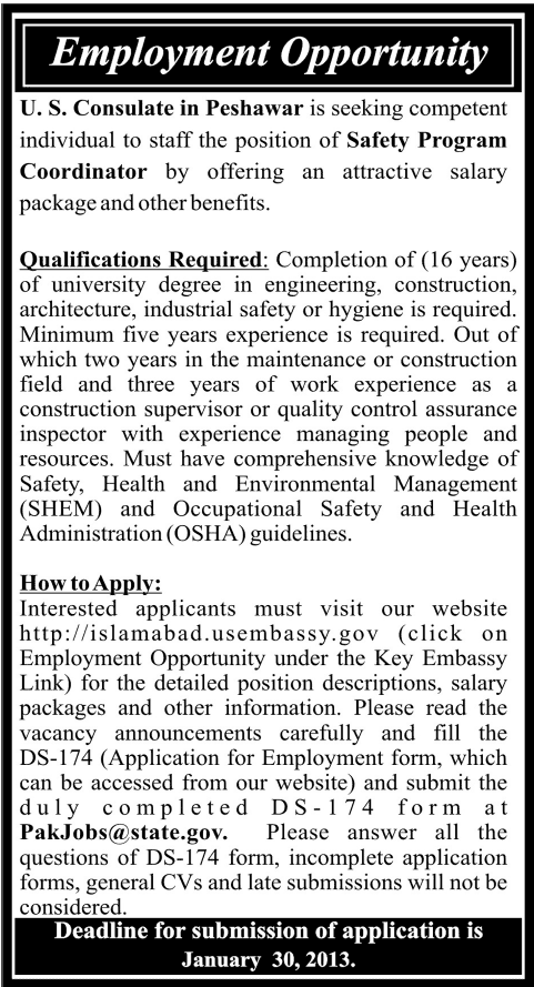 US Consulate Peshawar Job for Safety Program Coordinator (US Embassy Job in Pakistan)
