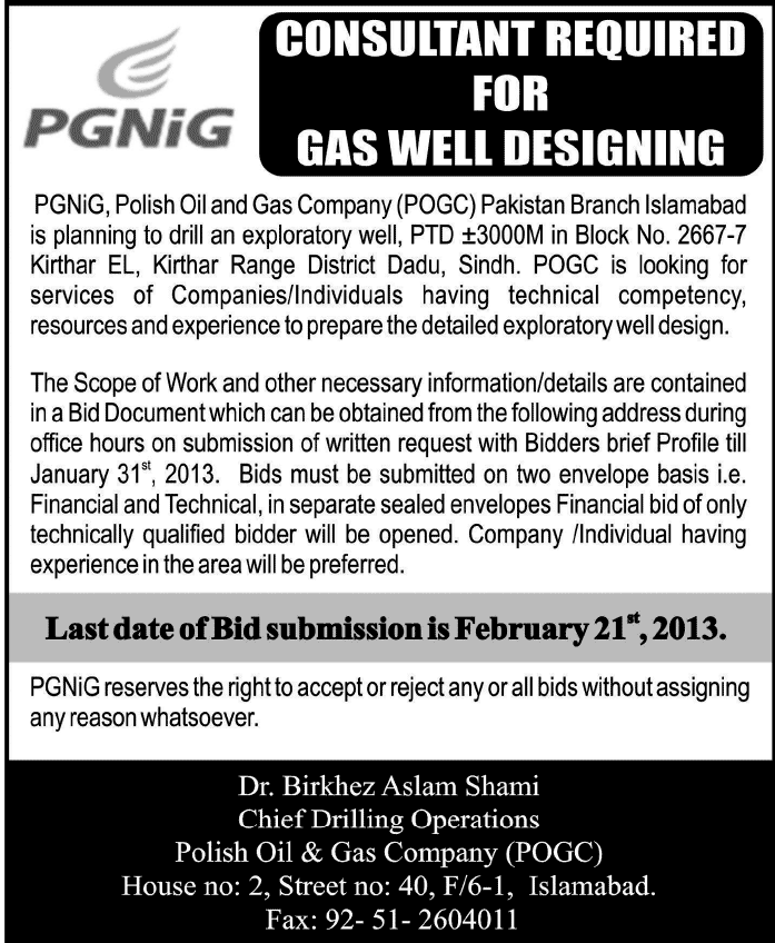 Polish Oil & Gas Company (POGC) Pakistan Requires Consultant