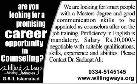 Willing Ways Islamabad Jobs for Counselors