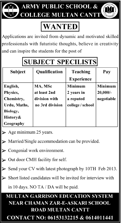 Army Public School & College Multan Cantt. Jobs 2013 Subject Specialist Teachers