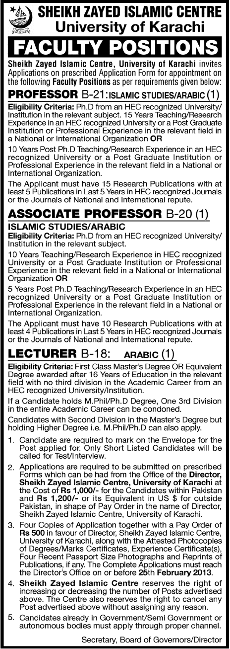 Lecturer & (Associate) Professors Jobs at Sheikh Zayed Islamic Centre, University of Karachi