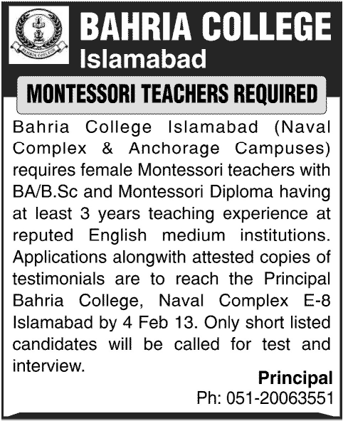 Bahria College Islamabad Needs Montessori Teachers