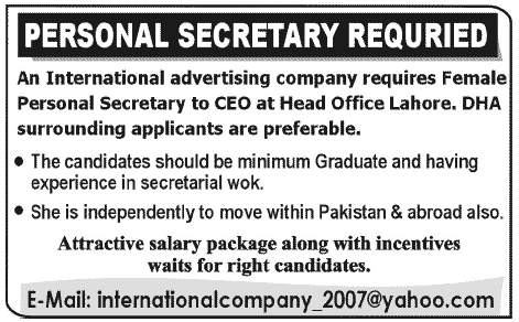 Personal Secretary Required for an International Advertising Company