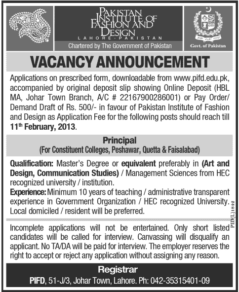 Principals Required for Pakistan Institute of Fashion & Design
