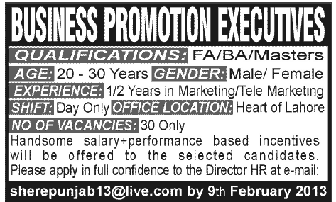Business Promotion Executives Jobs in Lahore