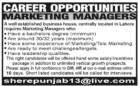 Marketing Managers Jobs in a Business House
