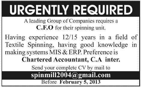 Chief Financial Officer Job in a Spinning Mills