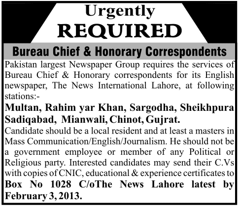 Bureau Chief & Honorary Correspondents Jobs in the News International Lahore