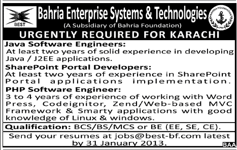 Java, SharePoint, PHP Software Engineers/Developers Jobs at Bahria Enterprise Systems & Technologies