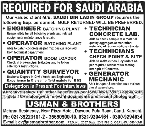 Usman & Brothers  Needs Engineers, Mechanics, Technicians & Operators for Saudi Arabia