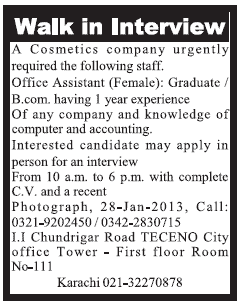 Office Assistant Required for a Cosmetic Company
