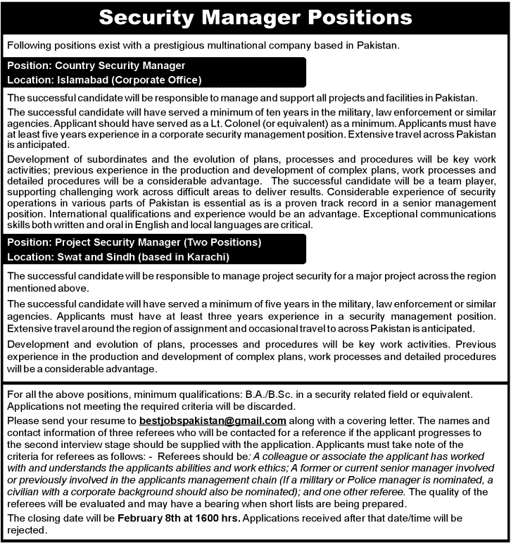 Multinational Company Vacancies for Security Managers