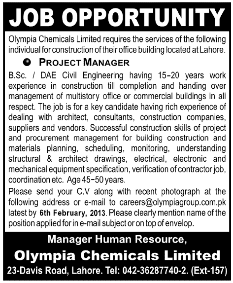 Olympia Chemicals Limited Job 2013 for Project Manager (Construction) at Lahore