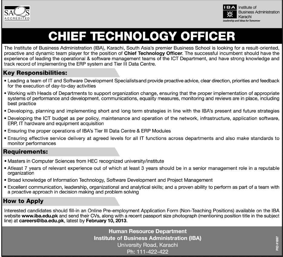Chief Technology Officer Vacancy at Institute of Business Administration Karachi