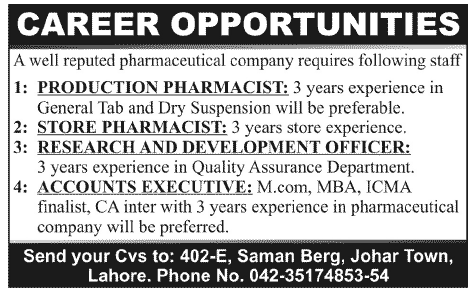 Pharmacists, R&D Officers & Accounts Executive Jobs in a Pharmaceutical Company