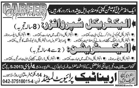 Electrical Supervisor & Electrician Jobs at Arena Tech (Pvt.) Limited