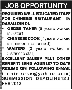 Order Taker, Chinese Cook & Waiters Required at a Chinese Restaurant