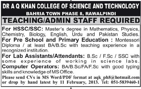 Teaching & Admin Staff Jobs at Dr. AQ Khan College of Science & Technology