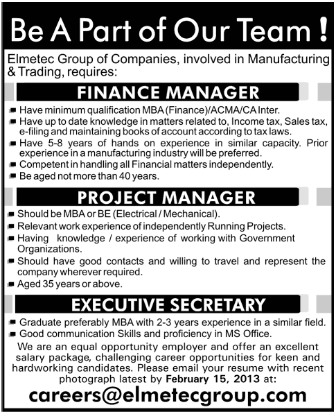 Finance, Project Managers & Executive Secretary Jobs in Elmetec Group of Companies