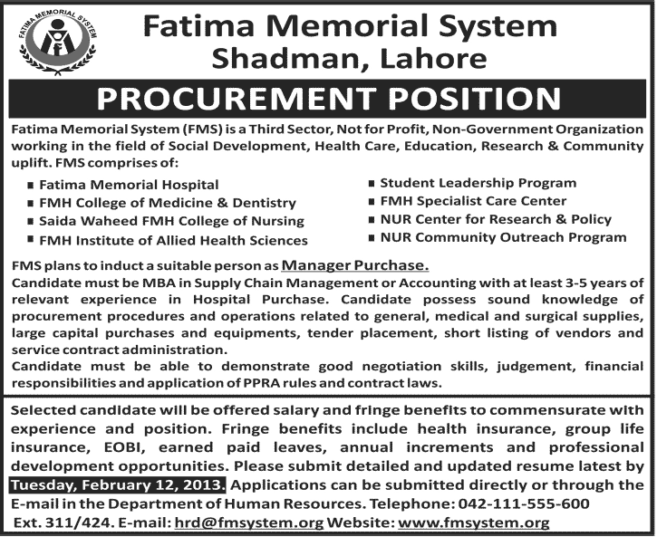 Manager Purchase Job in Fatima Memorial System, Lahore