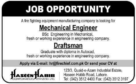 Mechanical Engineer & Draftsman Jobs at Haseen Habib Corporation (Pvt.) Ltd.