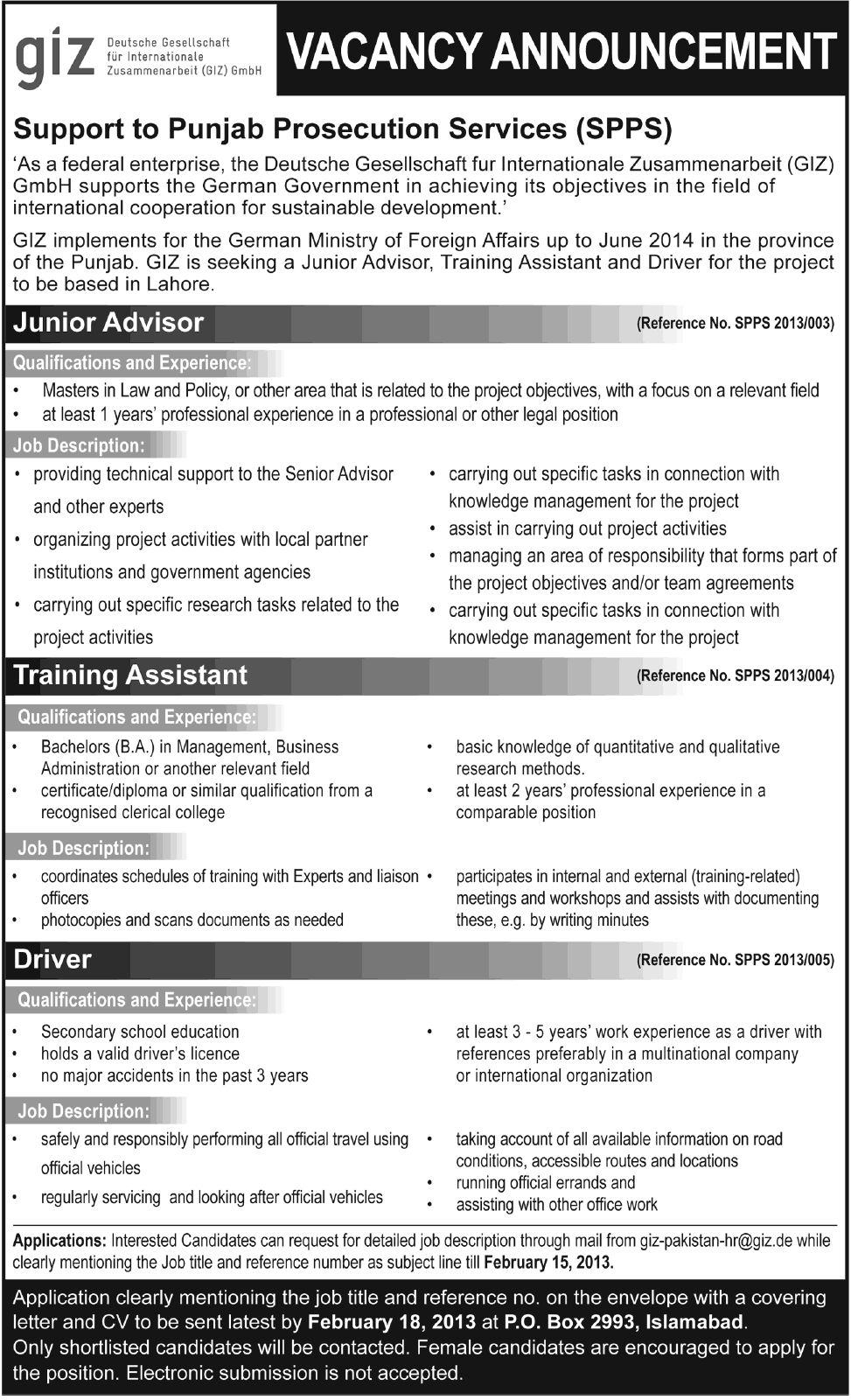 GIZ Project Needs Junior Advisor, Training Assistant & Driver