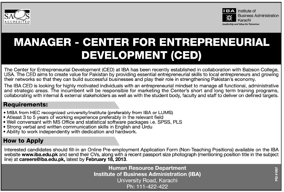 IBA Needs Manager for Center for Entrepreneurial Development (CED)