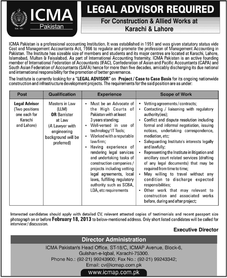 Legal Advisors Jobs at ICMA - Institute of Cost & Management Accountants of Pakistan