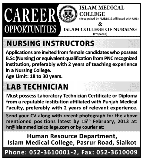 Islam Medical College & Islam College of Nursing Needs Nursing Instructors & Lab Technician