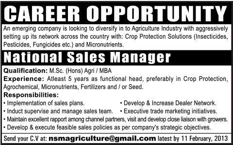 National Sales Manager Job in an Agricultural Concern Company