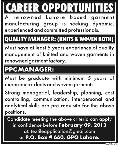 Quality Manager & PPC Manager Jobs in Garments Manufacturing Group
