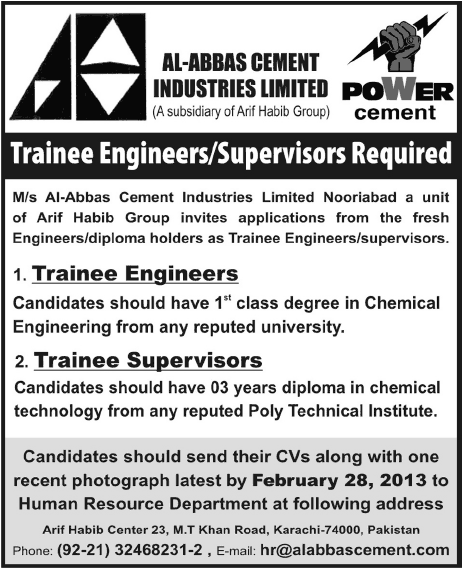 Trainee Engineers & Supervisors Required at Al-Abbas Cement Industries Limited