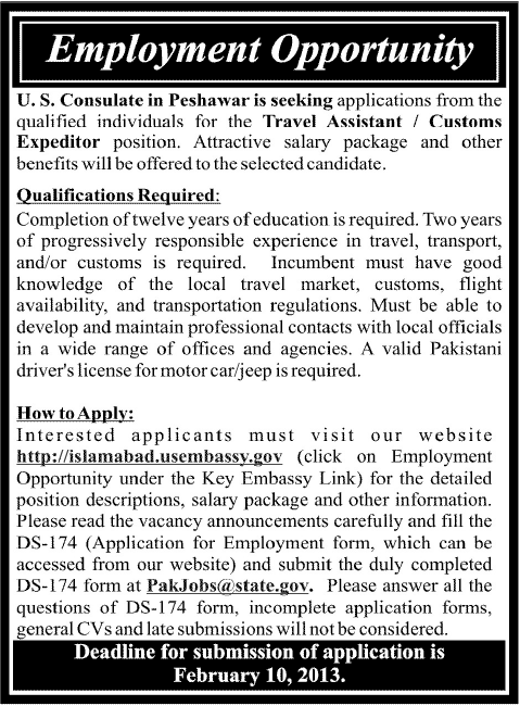 US Consulate Peshawar Job for Travel Assistant / Customs Expeditor (US Embassy Job in Pakistan)