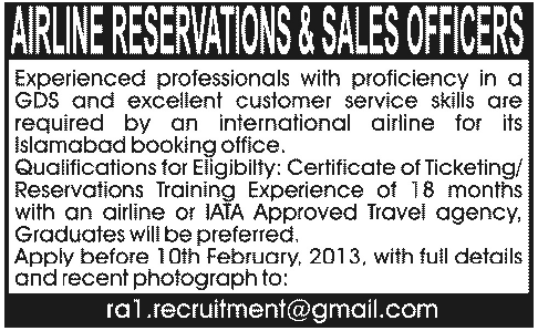Airline Reservations & Sales Officers Jobs in International Airline