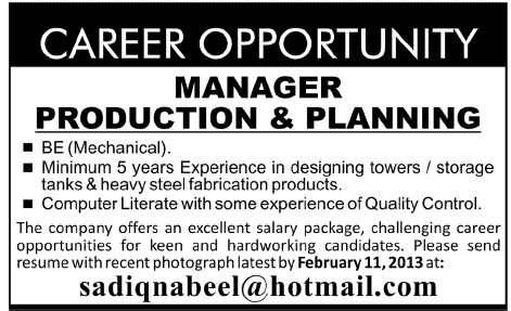 Manager Production & Planning Job in a Company