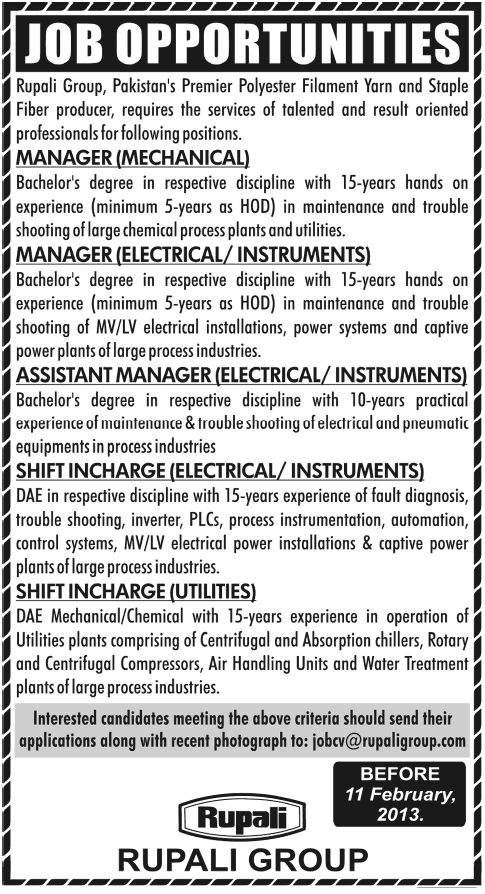 Rupali Group Jobs for Managers & Shift Incharge