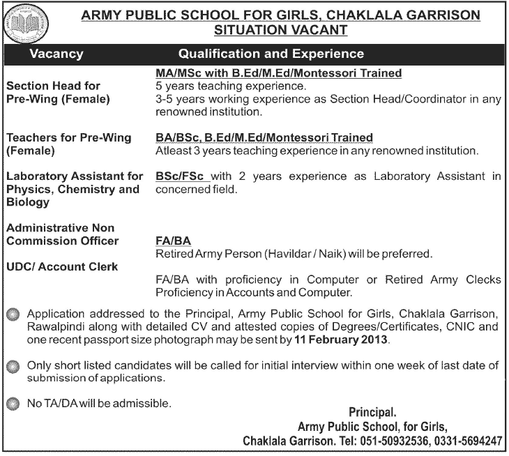 Army Public School for Girls Chaklala Garrison Rawalpindi Jobs for Teachers & Staff