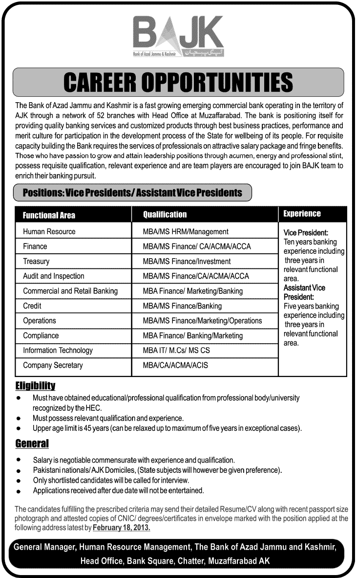 Bank of Azad Jammu & Kashmir (AJK) Jobs 2013 Latest for Vice Presidents & Assistant Vice Presidents