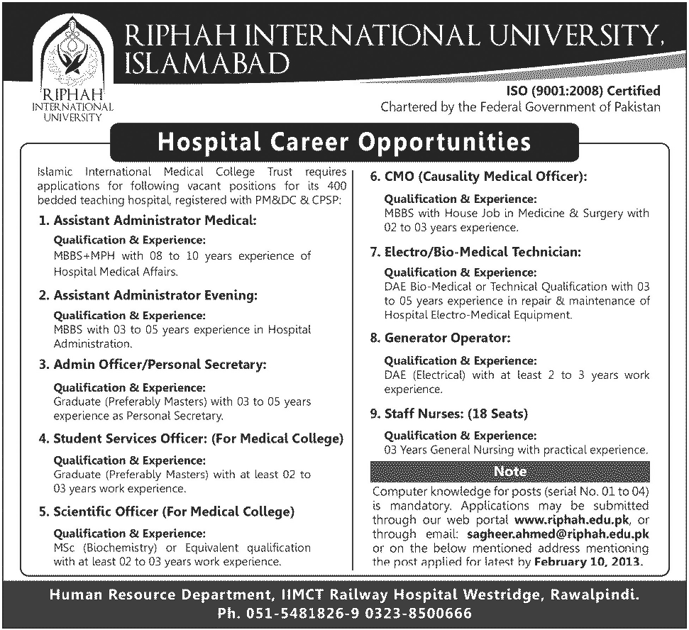 IIMCT Railway Hospital Rawalpindi (Riphah International University) Jobs 2013