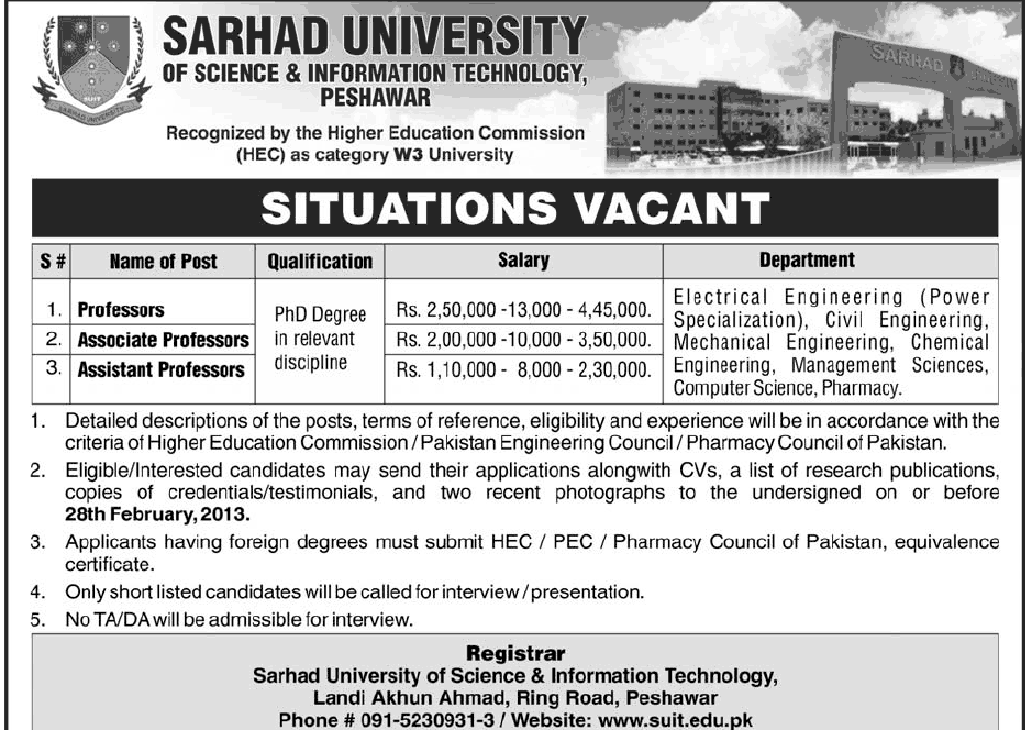 Sarhad University Peshawar Jobs 2013 for Faculty (Associate/Assistant) Professors