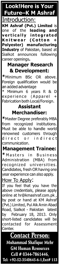 K. M. Ashraf (Pvt.) Limited Sialkot Jobs Manager R&D, Assistant Merchandiser & Management Trainee