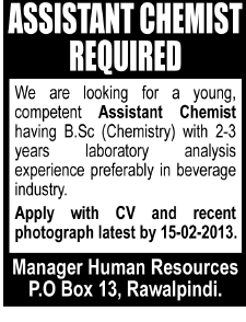PO Box 13 Rawalpindi Job for Assistant Chemist