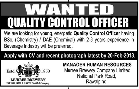 Quality Control Officer Job at Murree Brewery Company Limited 2013