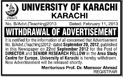 Withdrawal of University of Karachi Jobs for Director & Senior Research Fellow