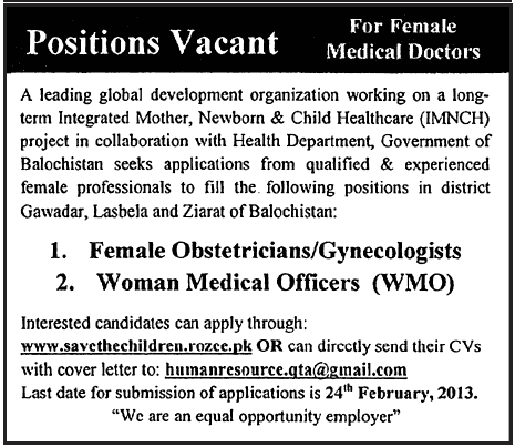 Save The Children Pakistan Jobs 2013 Female Obstetricians / Gynecologists & Woman Medical Officers