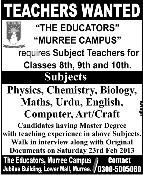 The Educators Murree Campus Jobs 2013 for Teachers